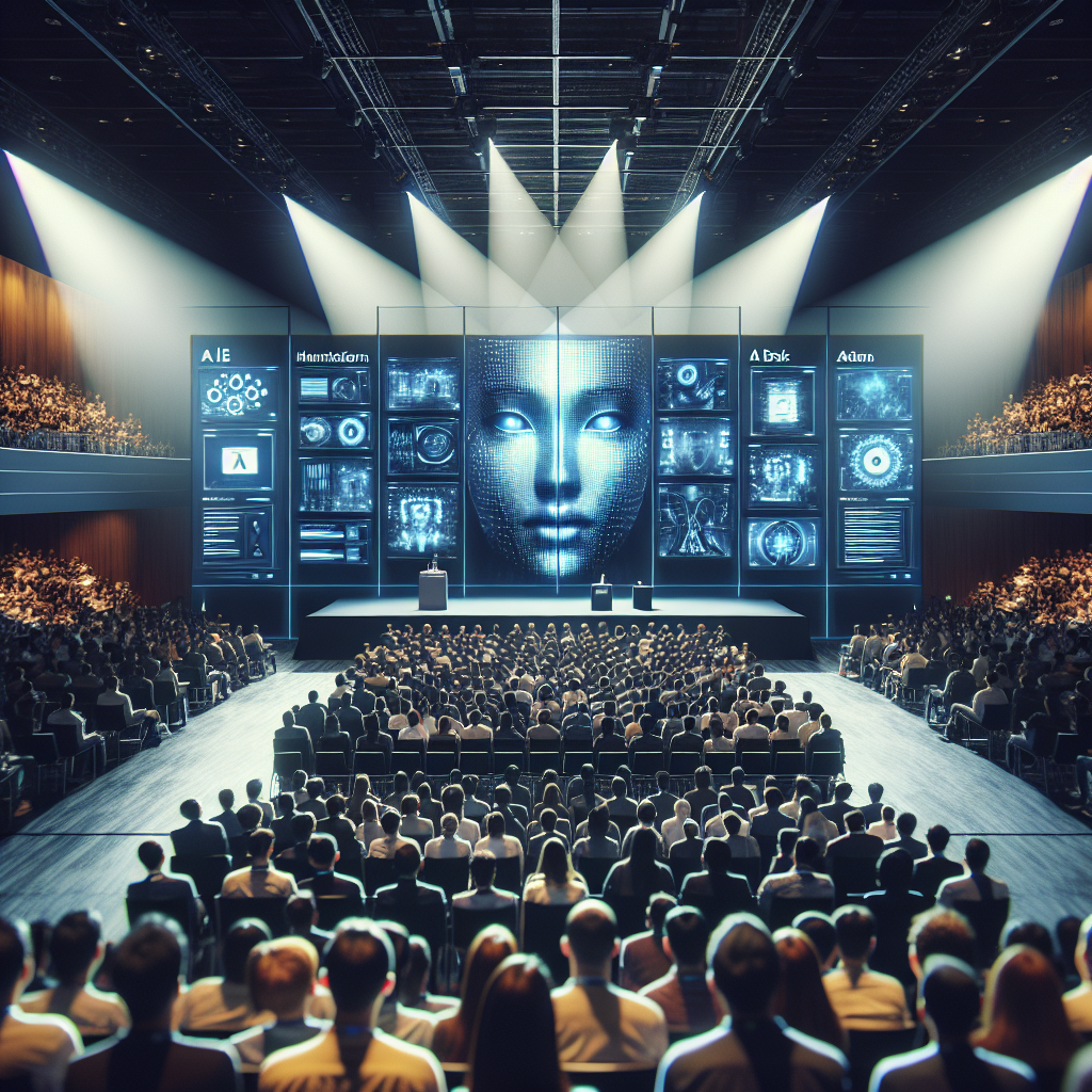 Conférence sur les technologies de l'IA avec des écrans affichant des deepfakes.